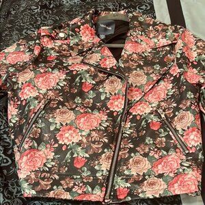 Modcloth Floral Leather Jacket - Black and Pink, size large, very nice